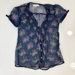 Aeropostale Navy Floral Sheer Short-Sleeve Button Front Top